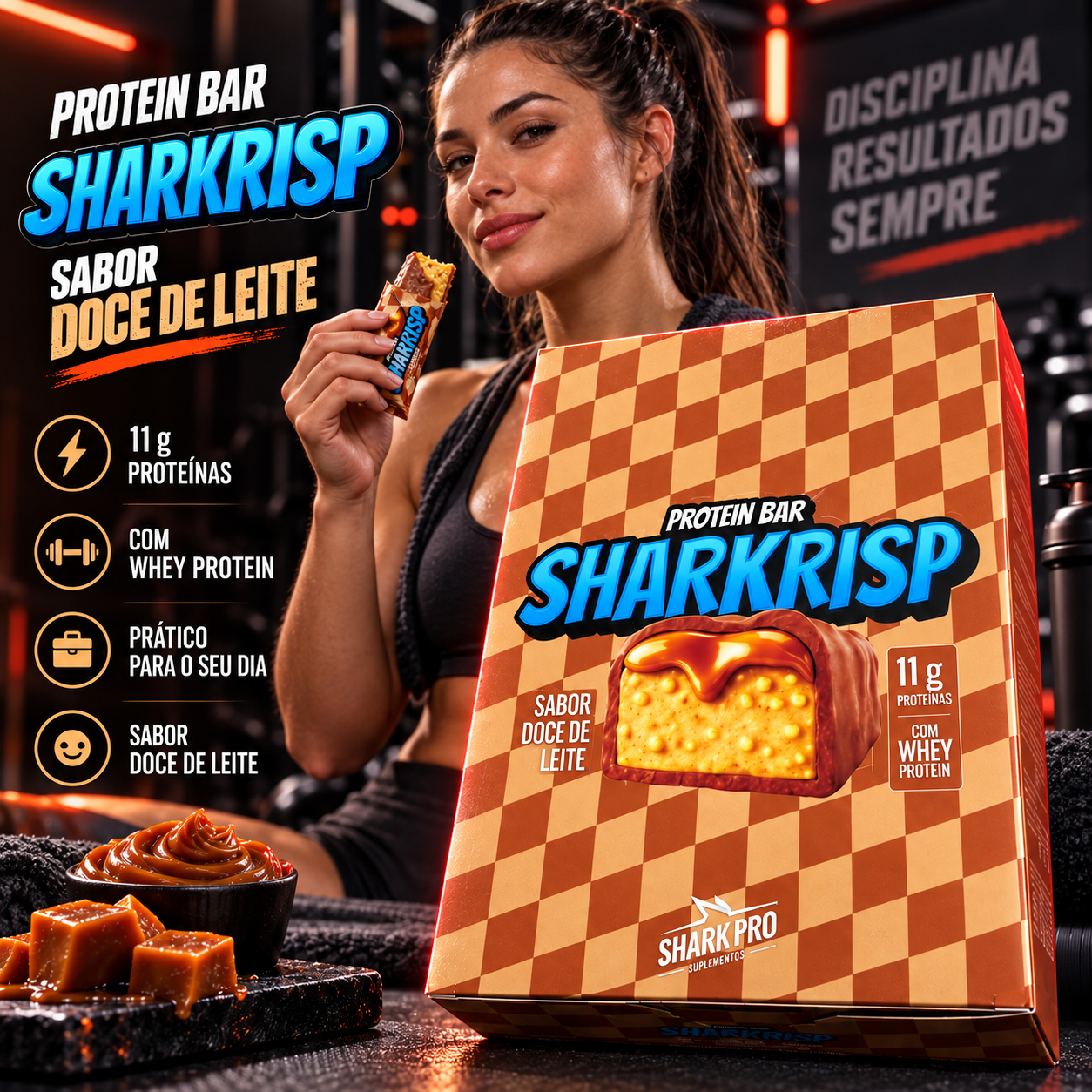 SharkRisp Protein Bar – Doce de Leite – Display com 12 unidades